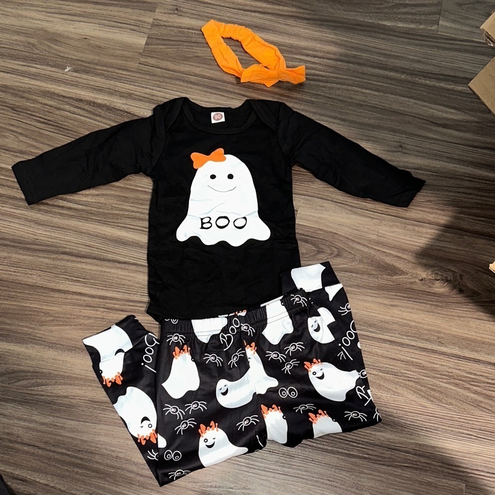Black and White Ghost Pajama Set with Orange Accents